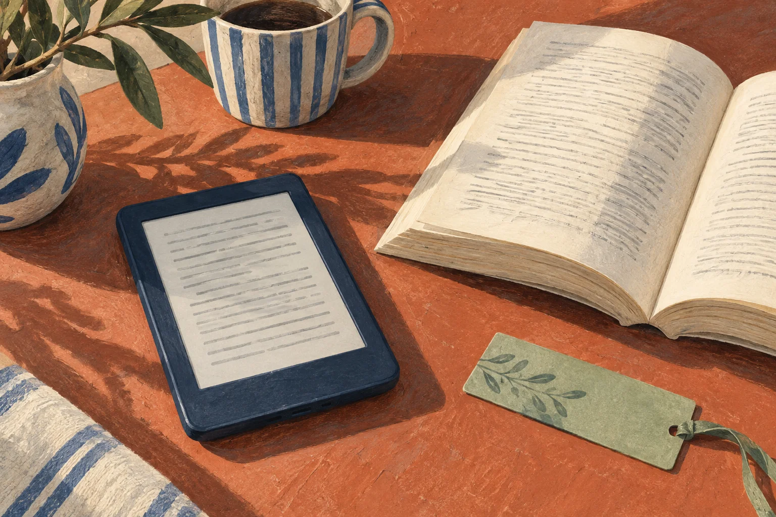 Redactionele illustratie van een e-reader naast een open boek