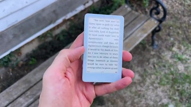 De kleine Boox Picco e-reader met tekst op het scherm in een hand